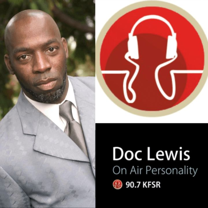 Doc Lewis in a grey suit beside the 90.7 KFSR logo, with the words Doc Lewis, On Air Personality, 90.7 KFSR